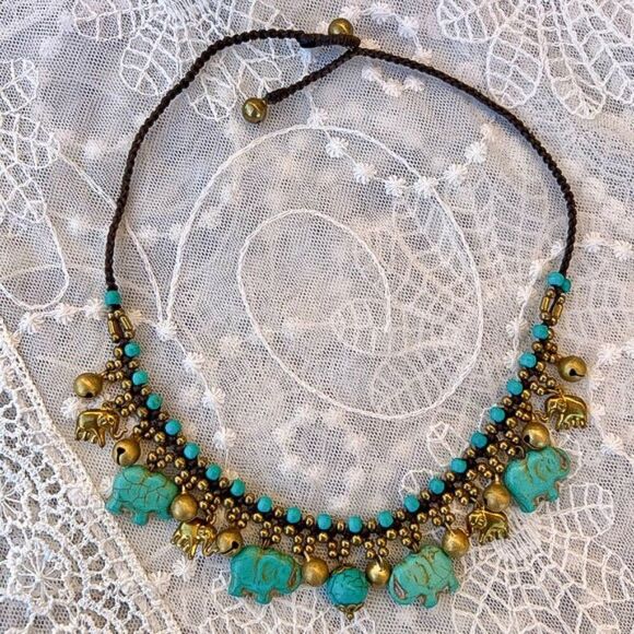 Turquoise & Gold Elephant Jingle Charm Necklace - Picture 10 of 10